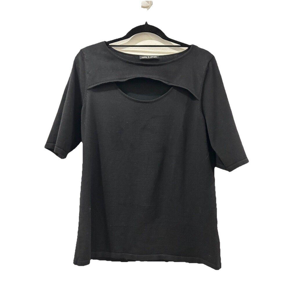 Cable & Gauge Womens Top Black 3/4 Sleeve Pullover Round Neck Keyhole